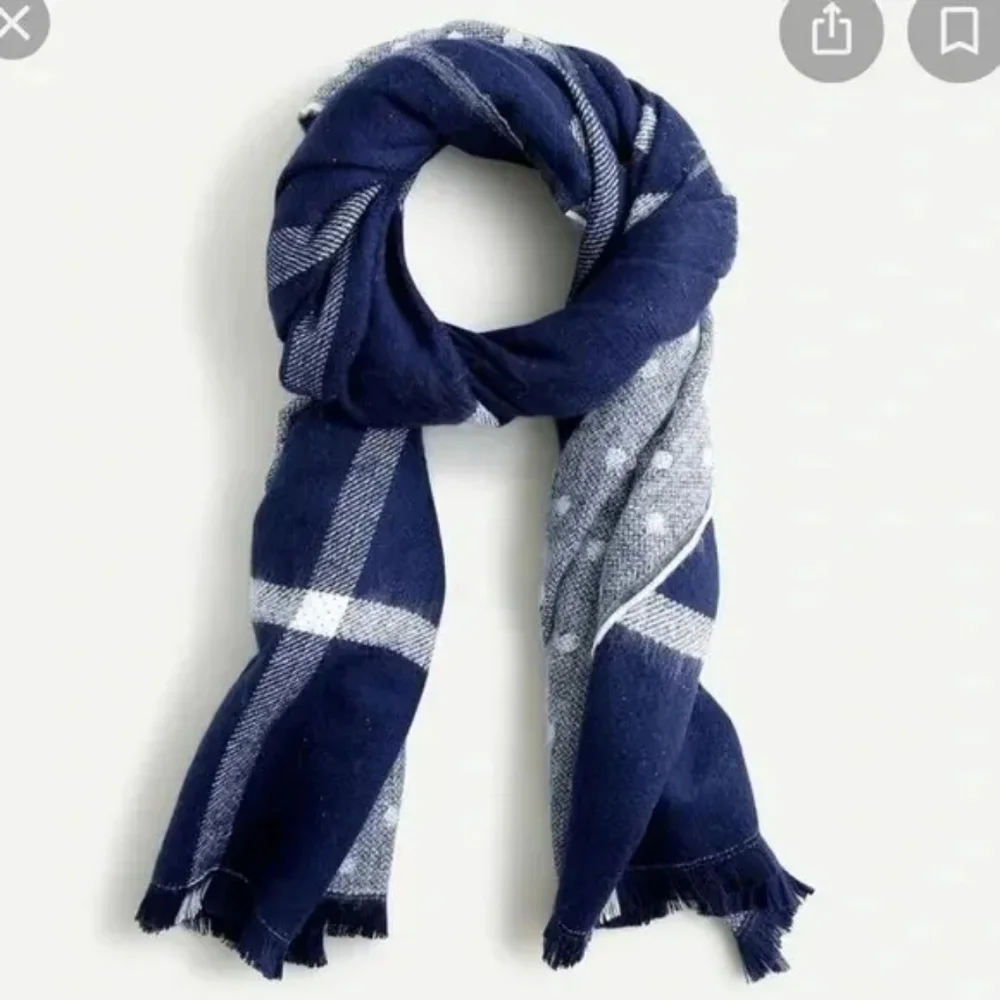 New! J.Crew Reversible Navy Blue White Blanket Scarf Plaid Polka Dots NWT